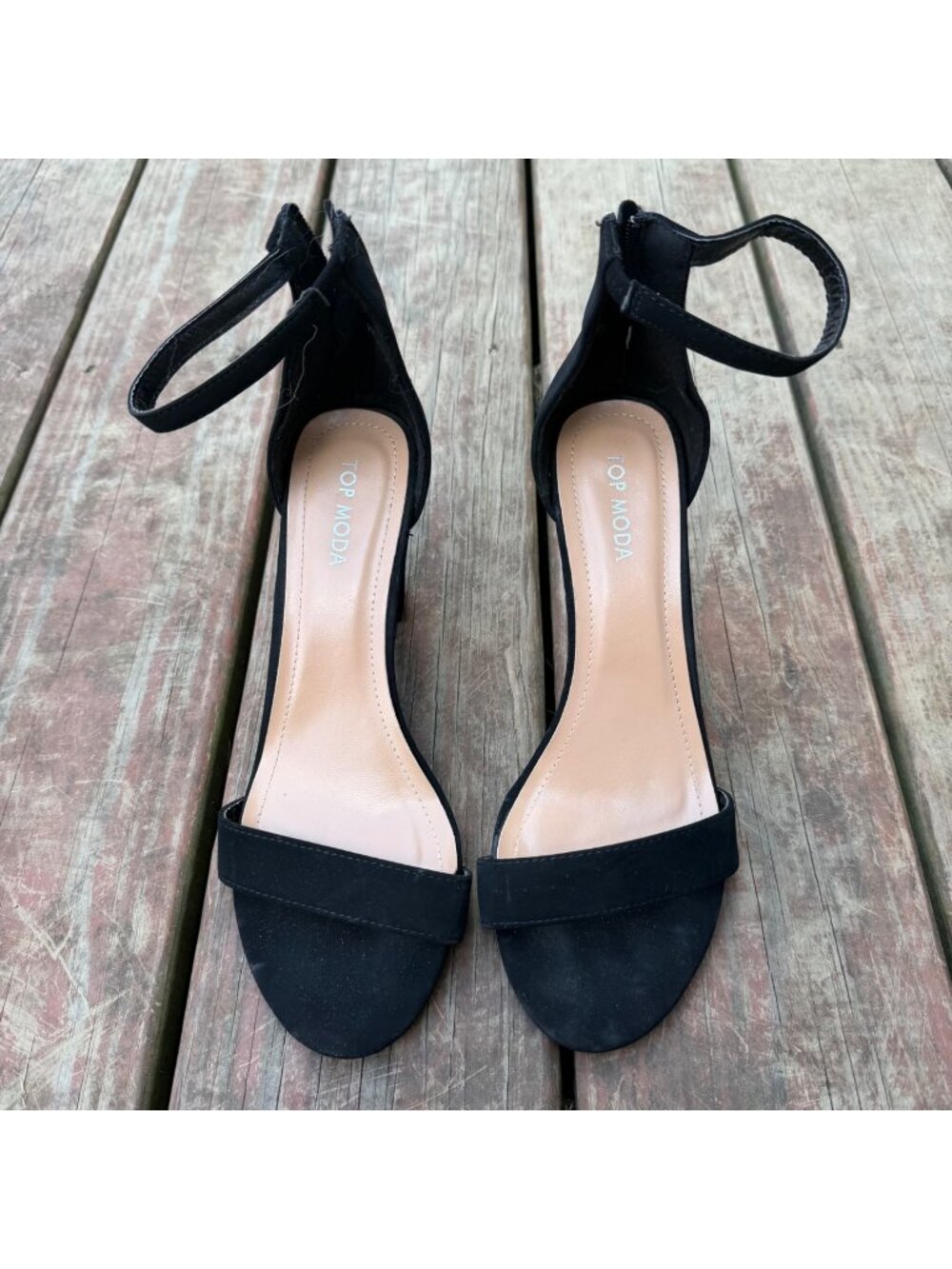 Top Moda Womens Black Ankle Strap Open Toe Heels Size 9